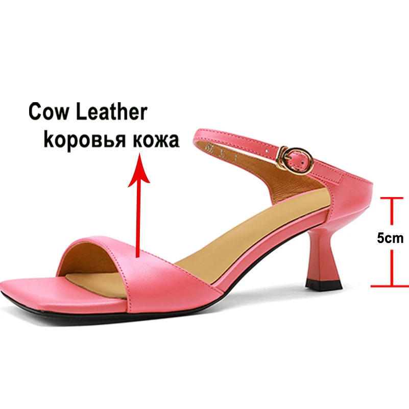 Meotina Women Genuine Leather Sandals Square Toe High Heel Slides Buckle Thin Heels Square Toe Ladies Slippers Summer Rose Red