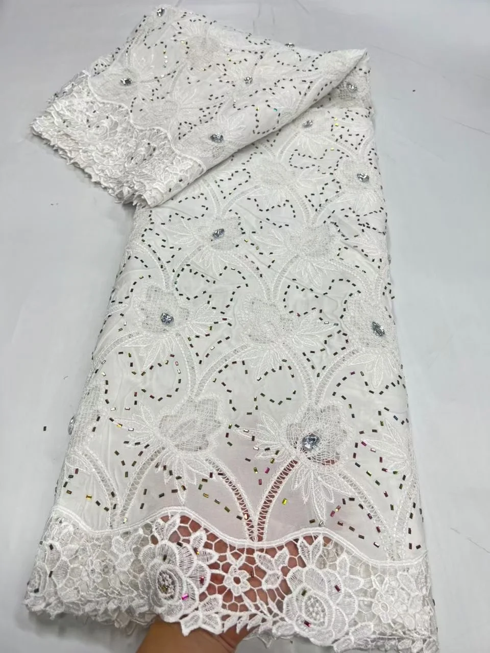

2026 High Quality Africa Nigerian Tulle Lace Fabric Sequins for Wedding Dress Chiffon Party Guipure Sewing cotton 5Yard JL560