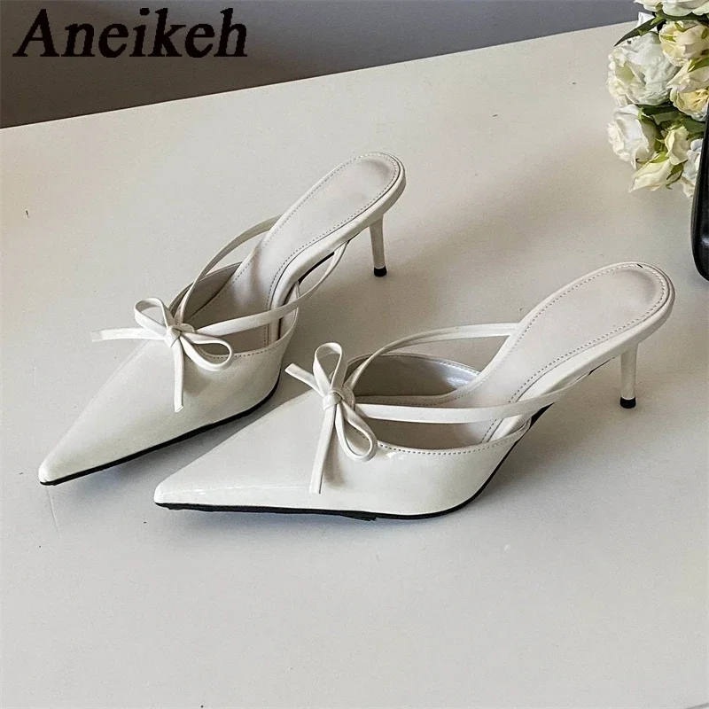 Aneikeh Women Pumps Spring Fashion Crystal Pearl Pointed Toe Butterfly-Knot Slingback Heels Elegant DRESS Shallow Party Shoes