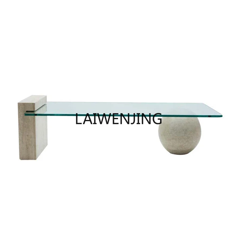 

MJY minimalist natural travertine spherical legs coffee table transparent tempered glass small apartment low table