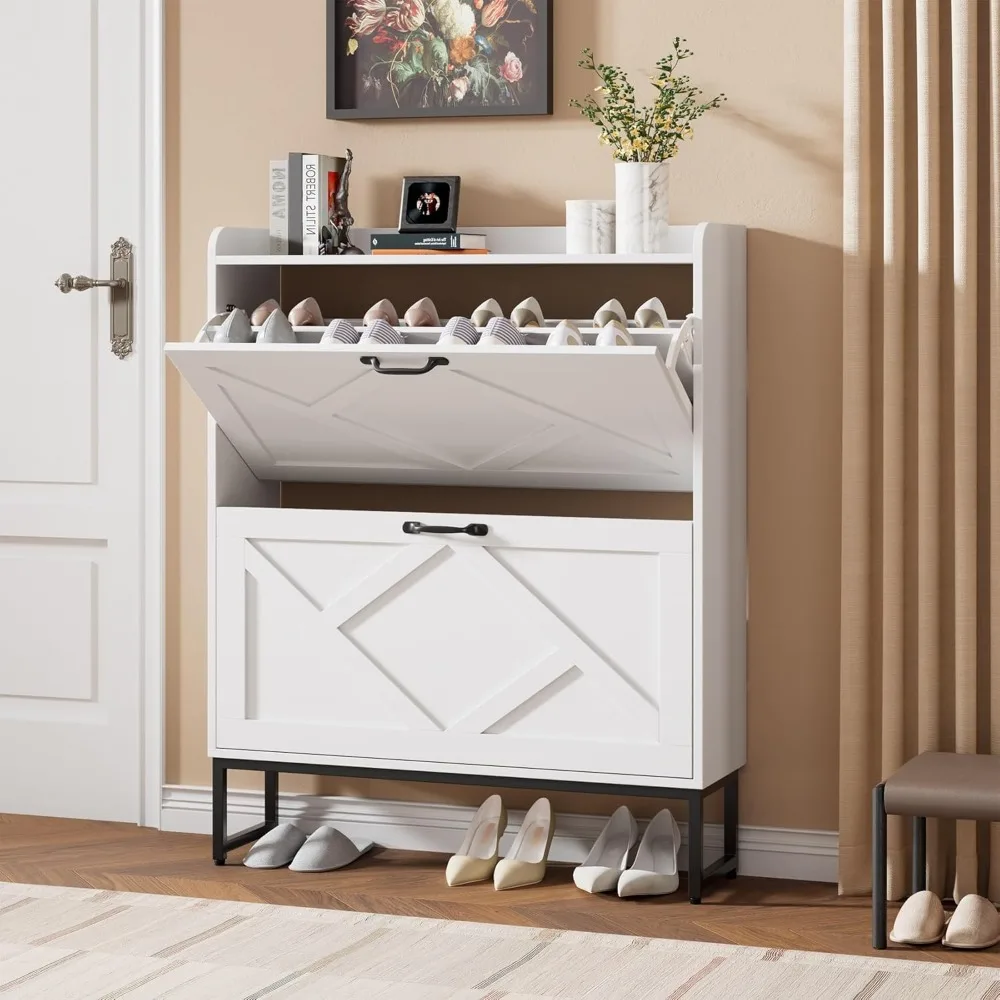 

Шкаф для обуви с двумя откидными ящиками, шкаф для обуви с металлическими ножками, узкая полка для обуви для прихожей, фойе, прихожей, белый