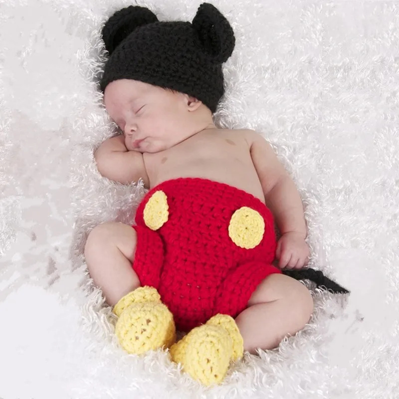 

Newborn Photography Prop Mickey Suit Baby Boy Girl Photo Outfits Knitted Pant Hat Shooting Costume Baby Clothes Infant Clothing