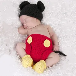 Newborn Photography Prop Mickey Suit Baby Boy Girl Photo Outfits Knitted Pant Hat Shooting Costume Baby Clothes Infant Clothing