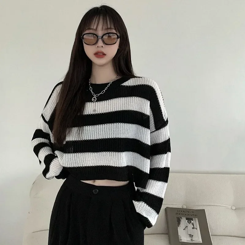 Women\'s sweater Korean version knitted loose casual sweater long sleeves short tops pullover