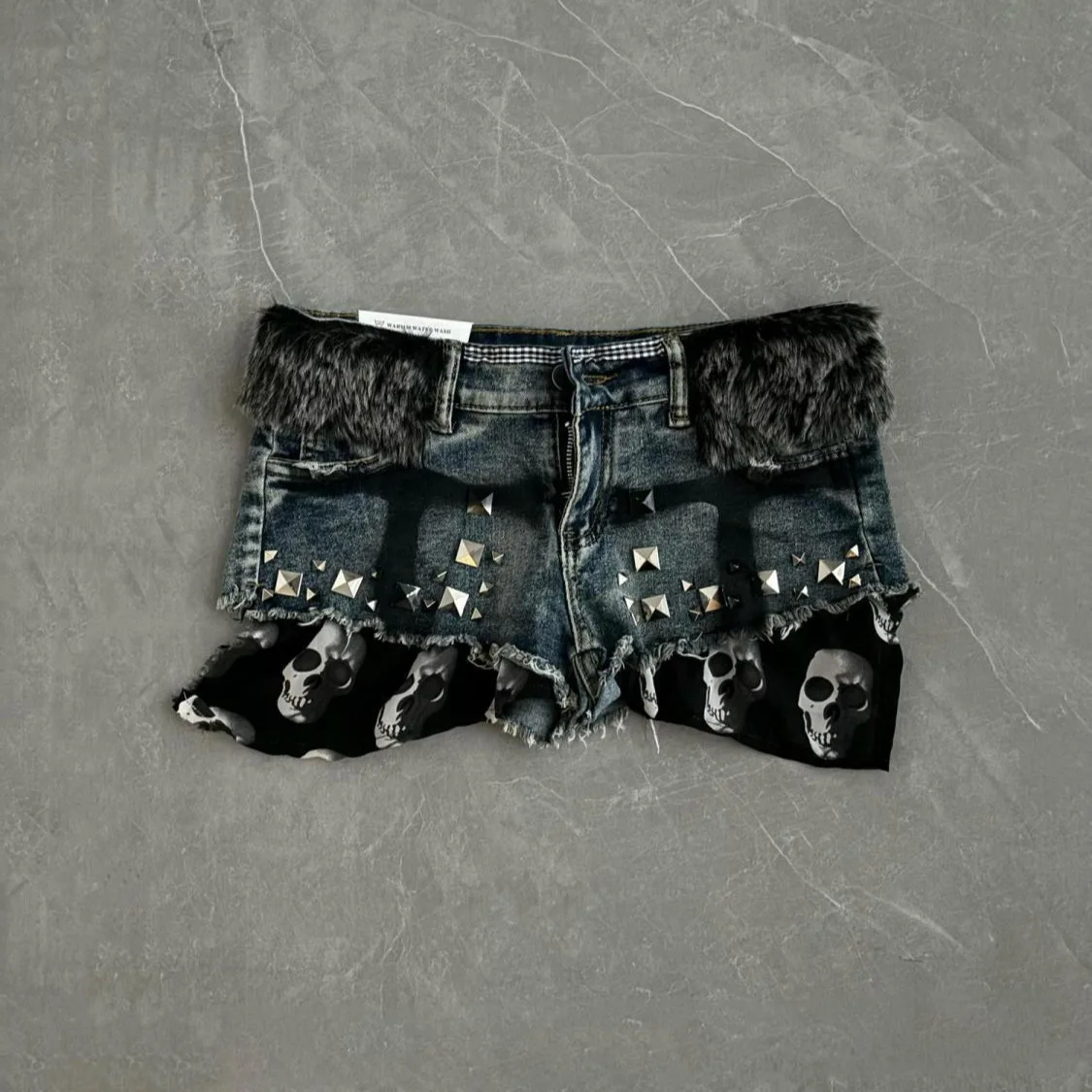 

Denim Shorts Harajuku Punk Sexy Frayed Studded Shorts Gothic Skull Graphic Printed Mini Low Waisted Slim Fit Shorts Women