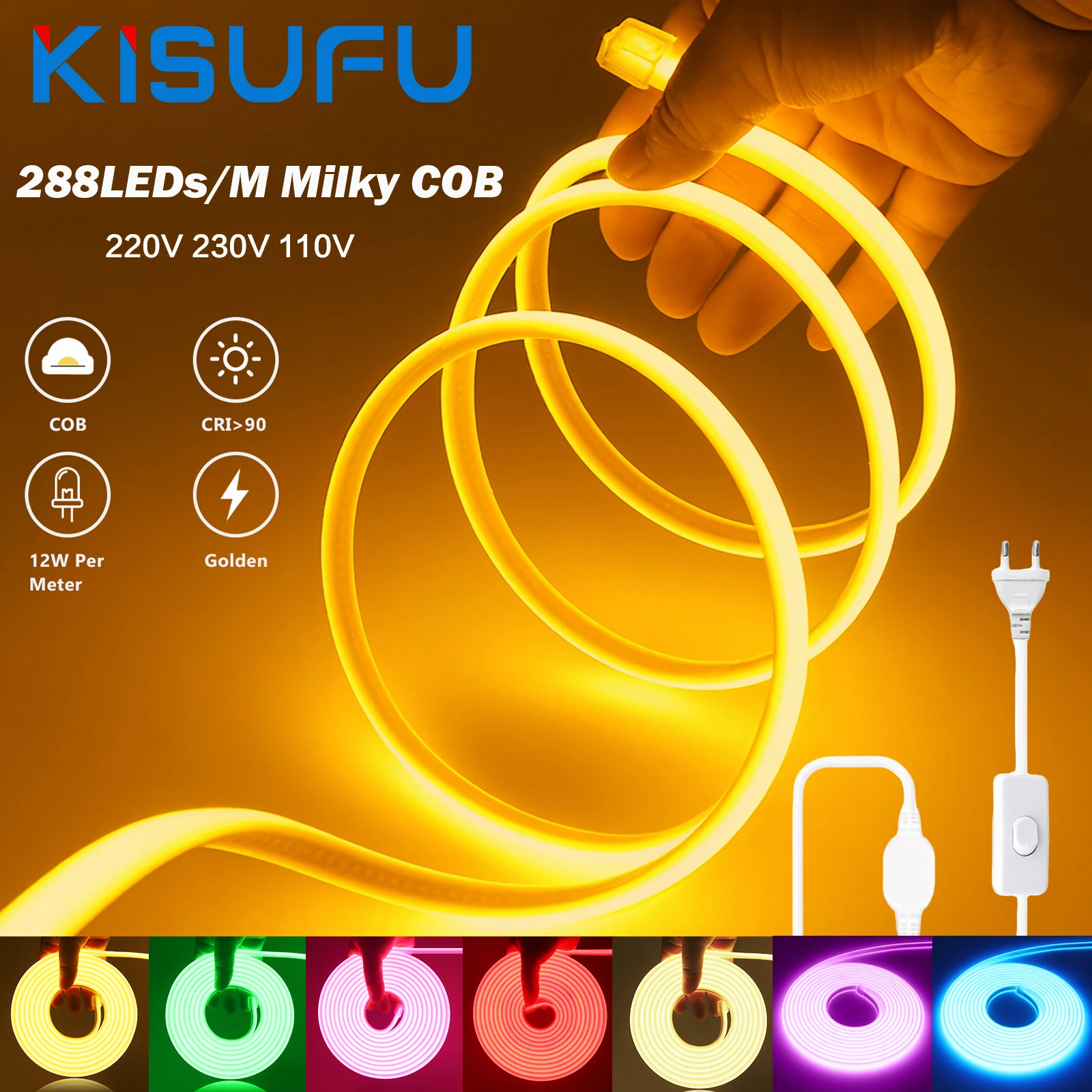AC 220V 230V COB Strip Waterproof With ON/OFF Switch 288LEDs/M High Bright Flexible Milky Neon Strip 10Colors Indoor Decor 1-40M