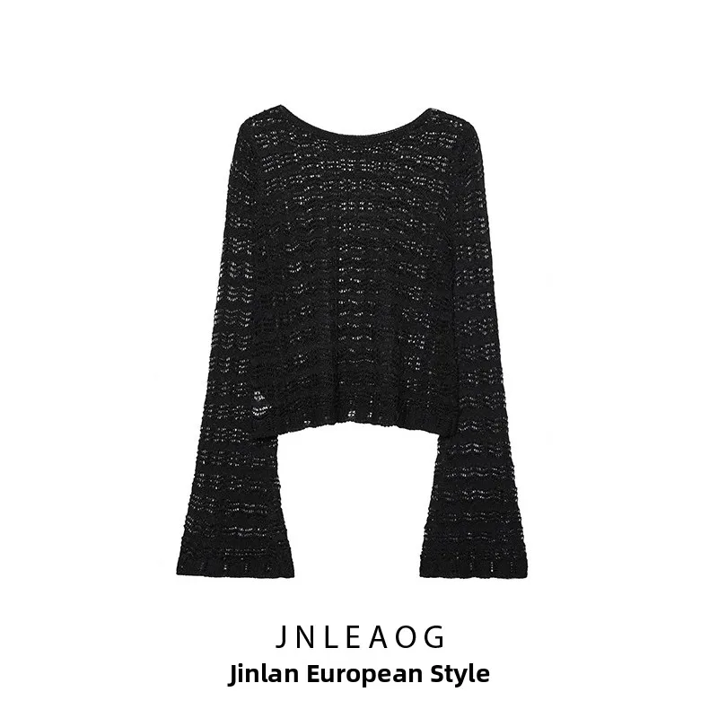 

JNLEAOG Autumn New Women's Knitted Short Top with Embroidered Mesh European Style Loose Fit Long Sleeve round Neck Pullover
