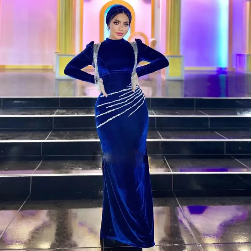 Royal Blue Velvet Evening Dresses 2024 Beading Muslim Womens Formal Prom Party Gowns Arabic Vestidos De Novia فساتين الحفلات