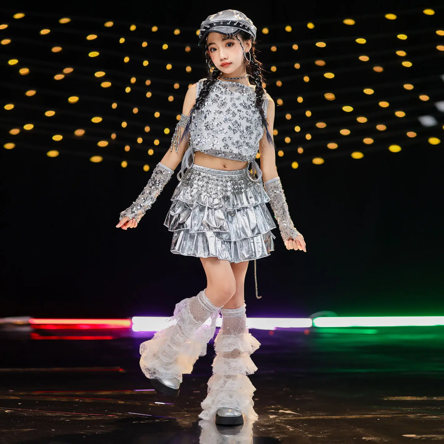 Ropa de Hip Hop Kpop para chico, Sudadera con capucha de lentejuelas plateadas, tanque corto de piel sintética, minifalda plisada en capas para niña, traje de baile, ropa
