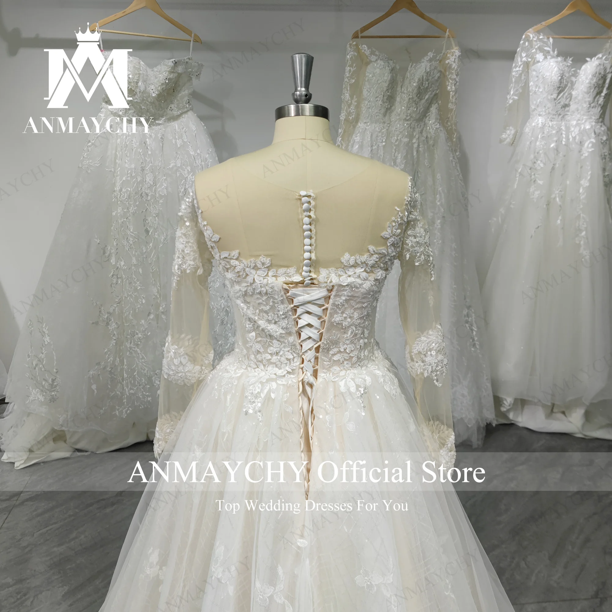 ANMAYCHY A-Line Wedding Dresses For Women 2023  Long Sleeve Beading 3D Flowers Detachable Train Wedding Gown Vestidos De Novia