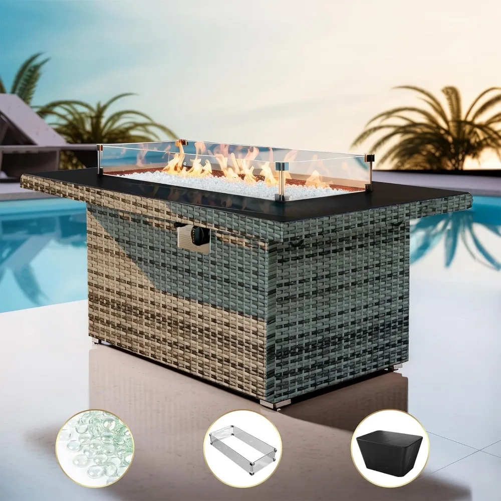 

Propane Gas Fire Pit Table 60,000 BTU Flame, Rectangular Glass Top Wicker Rattan with Wind Guard, Easy Maintenance, Fire Pits