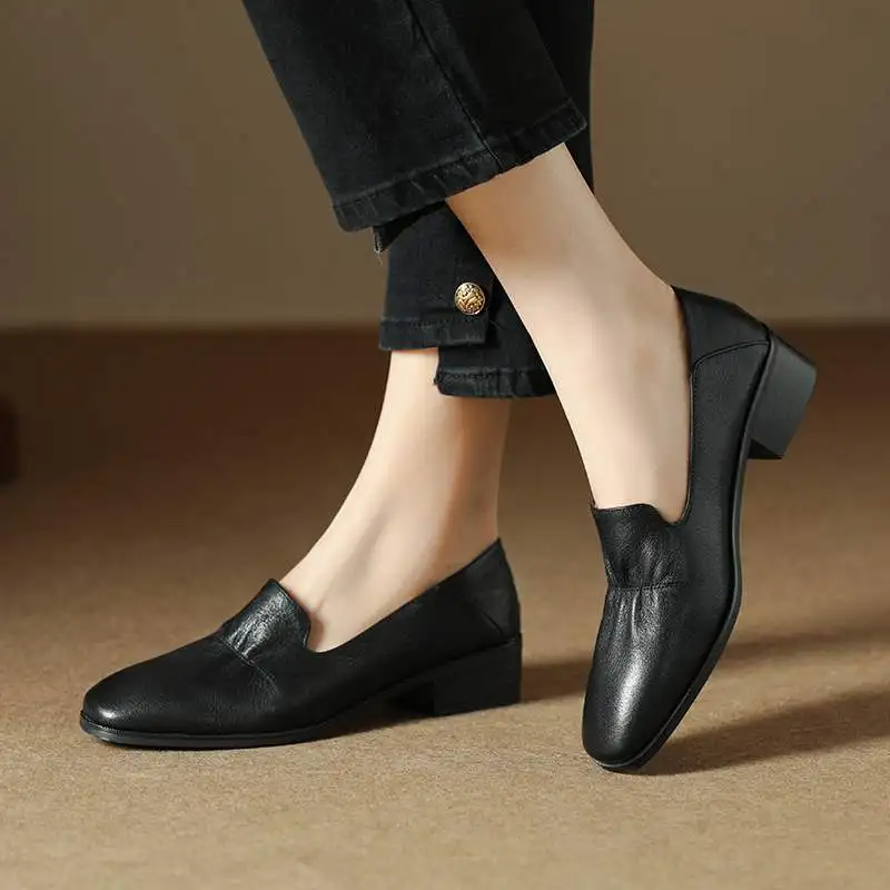 Krazing Pot Sheep Leather Low Heels Spring Summer Round Toe Business Casual Women Pleated Soft Leather Flounce Deep Mouth Pumps