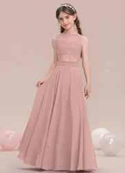 A Line Scoop Floor Length Chiffon Lace Junior Bridesmaid Dress Evening Dress New Elegant Banquet Gowns