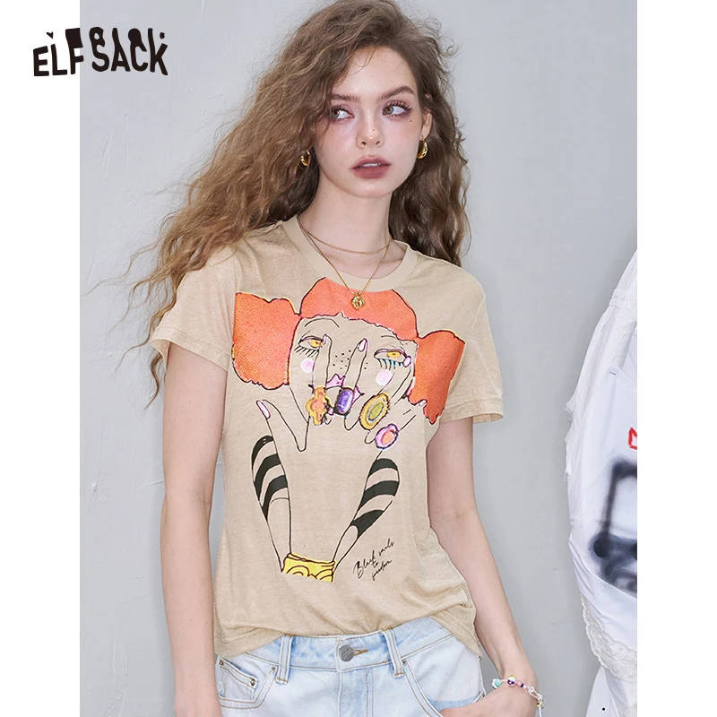 

ELFSACK 2025 Summer New Arrivals Fitted Printed T-Shirt for Women Stylish Slim Cut Casual Tee