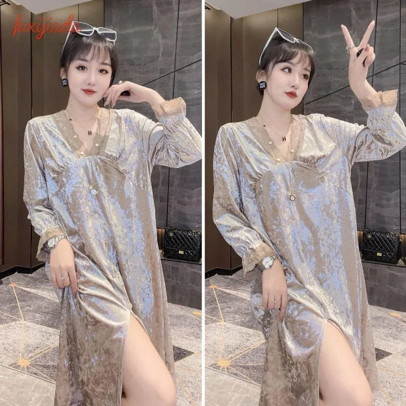 Canary Velvet Loungewear Pajamas Female Long Sleeve Autumn Winter New Style Fashion Sex Appeal Women's Nightdress Sleepwear