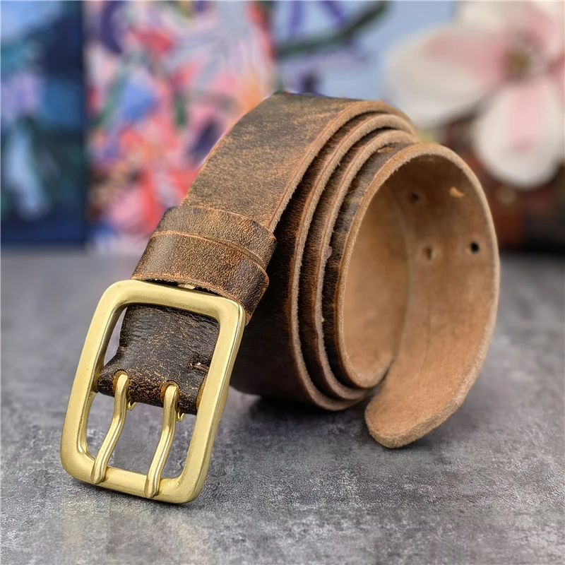 38MM Double Pin Solid Brass Belt Buckle Genuine Leather Belt Men Ceinture Leather Belts For Men Jeans Waist Belt Wide MBT0608