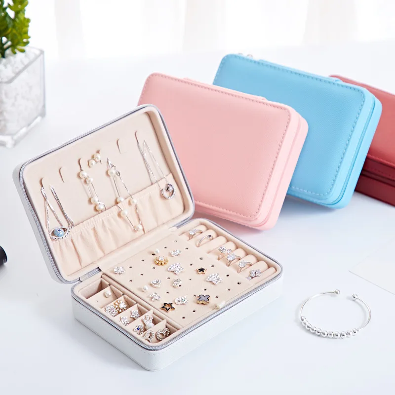 New Portable Pu Fresh Simple Stud Earrings Jewelry Box Zipper Ring Earrings Multifunctional Jewelry Storage Box