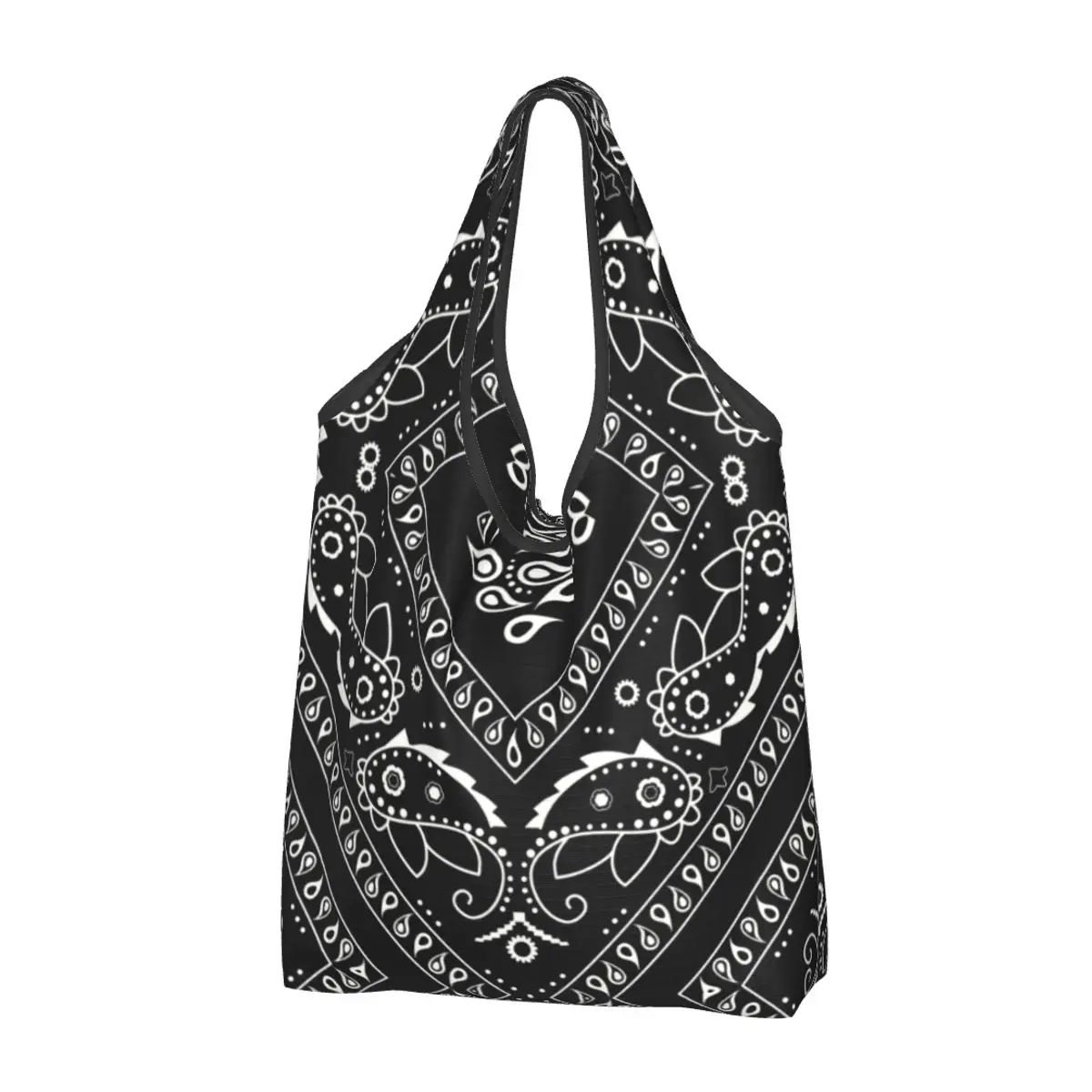 Funny Black Bandana Pattern Shopping Tote Bag Portable Paisley Style Groceries Shopper Shoulder Bag