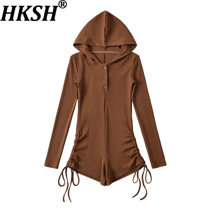 

HKSH 2026 Spring Summer New Women Short Jumpsuit Hooded Long Sleeves Solid Color Drawstring Pleated Slim Fit Sexy Shorts HK18159