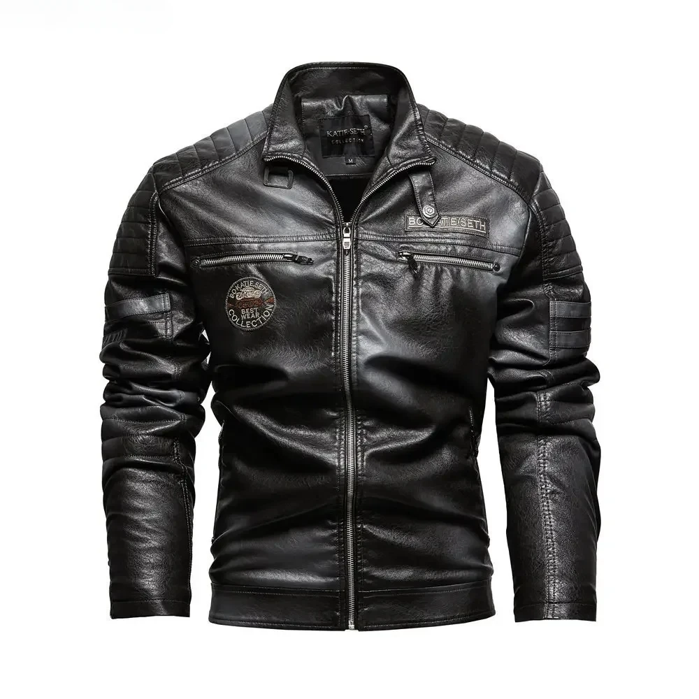 Winter Men's Leather Jacket Stand Collar Windproof Wool Thickened Warm Motorcycle Jacket High Street Hip-hop PU Leather Coats