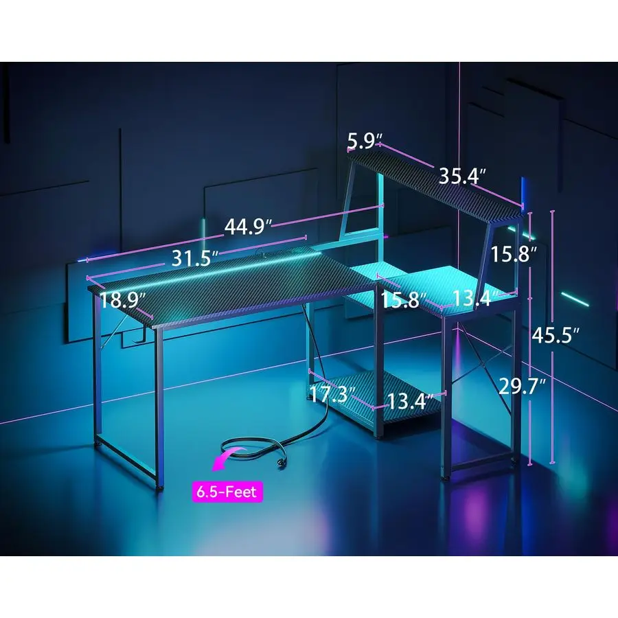 45 Inch L Shaped Gaming Desk with Power Outlet amp LED Lights, Computer Table with Corner Desktop Showcase for CPU Stand, Displ