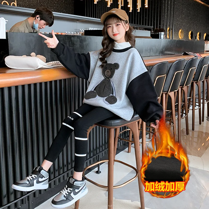 

ZOETOP 2024 Junior Girl Thicken Pullovers Tops Children Girl Contrast Cartoon Bear Sweatshirt Track Pullover Jumper Coat Tops