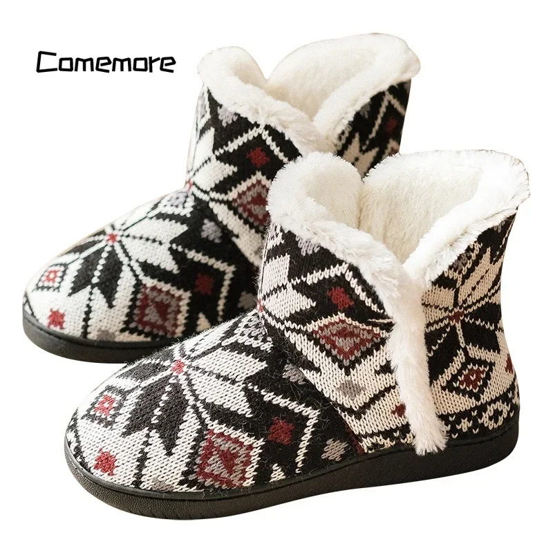 Comemore Ankle Boots for Women Home Slipper Velvet Thick-Soled Indoor Outdoor Warm Shoes Woman Winter High-Top Cotton Slippers