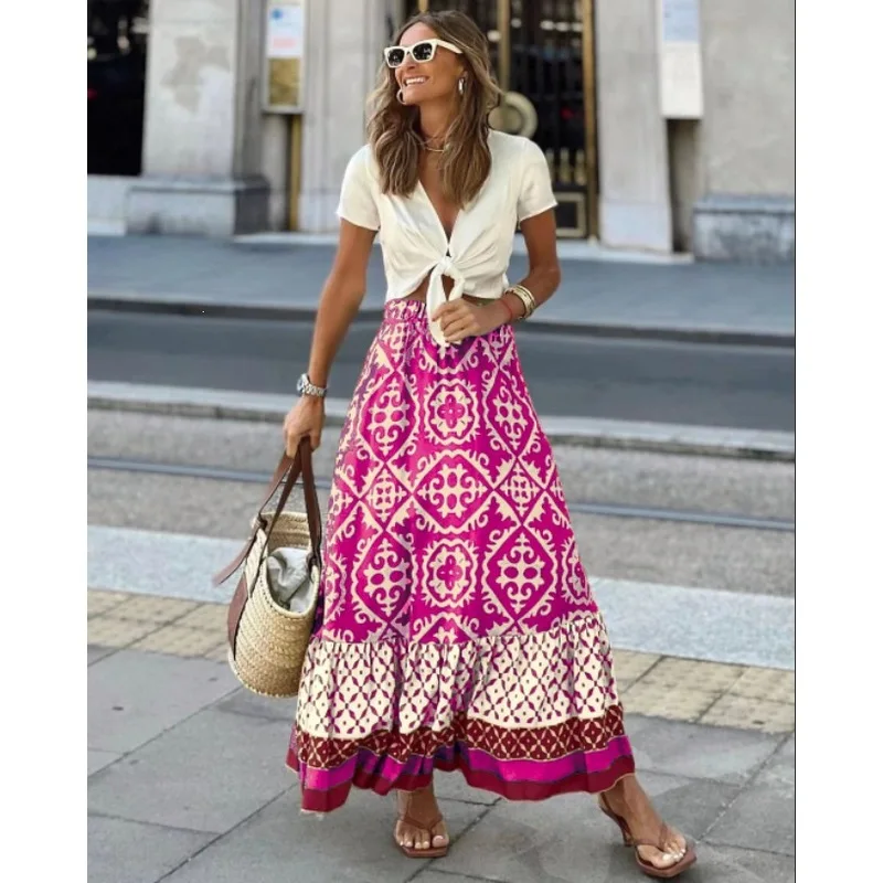 2026 Spring Summer New European American Women High Waist Loose Big Swing Midi Skirt Elastic Waist Casual Solid Color A-line Ski