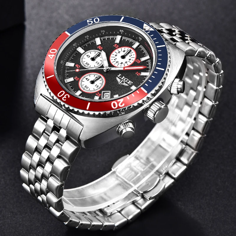 LIGE Fashion Mens Watch Stainless Steel Top Brand Luxury Sport Chronograph Quartz Watches For Men Wrist Watch Relogios Masculino