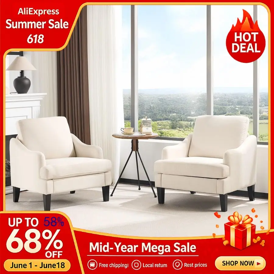 

Linen Fabric Accent Chairs Set of 2, Beige Upholstered Armchair, Comfy Sofa Chair Living Room Bedroom Furniture for Apar, Custom