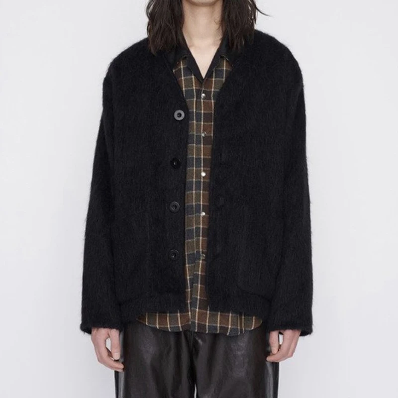 

NIGO Men's V-neck Black Single-breasted Loose Jumper Spring And Autumn Fashion Solid Colour Knitted Cardigan #NGTOP12118