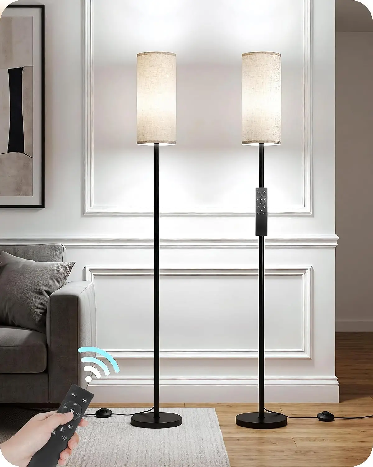 Set of 2 Slim Floor Lamps for Living Room with 2 Magnetic Remotes and Foot Switch, Dimmable Standing Lamp Mood, 3 Color Temperatures, 1-Hour Timer, 900LM Bulb Included, Beige Shade