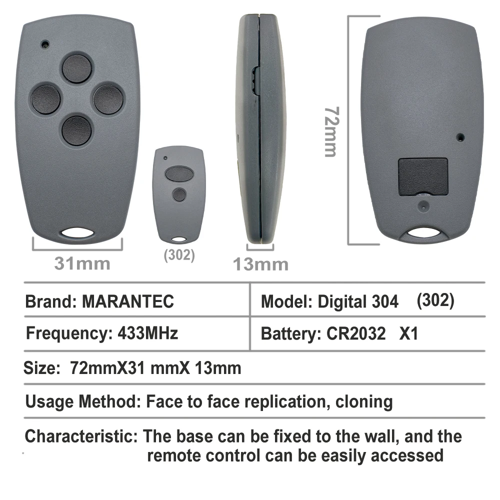 Marantec Digital 302 304 313 Comfort 220 250 252 270 AZ021 64176 Remote Control 433.92MHz 433MHz Fixed Code Garage Door Opener