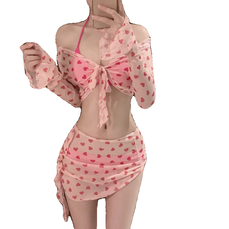 2025 여름 핑크 수영복 세트 여성 스윗 수영복 4종 세트 비치 휴가 섹시 걸 스플릿 수영복 비키니 세트