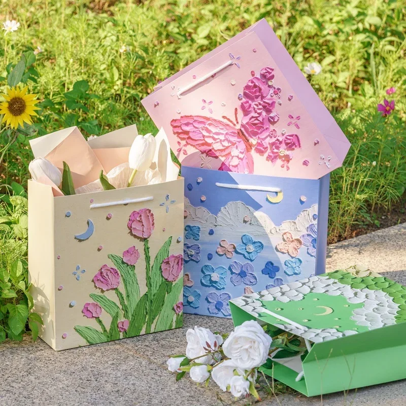 حقيبة هدايا برسومات زيتية إبداعية ، حقيبة حمل أدبية ، تغليف رائع لأعياد الميلاد ، صندوق ورقي ، صندوق تعبئة زهور ، مهرجان #1