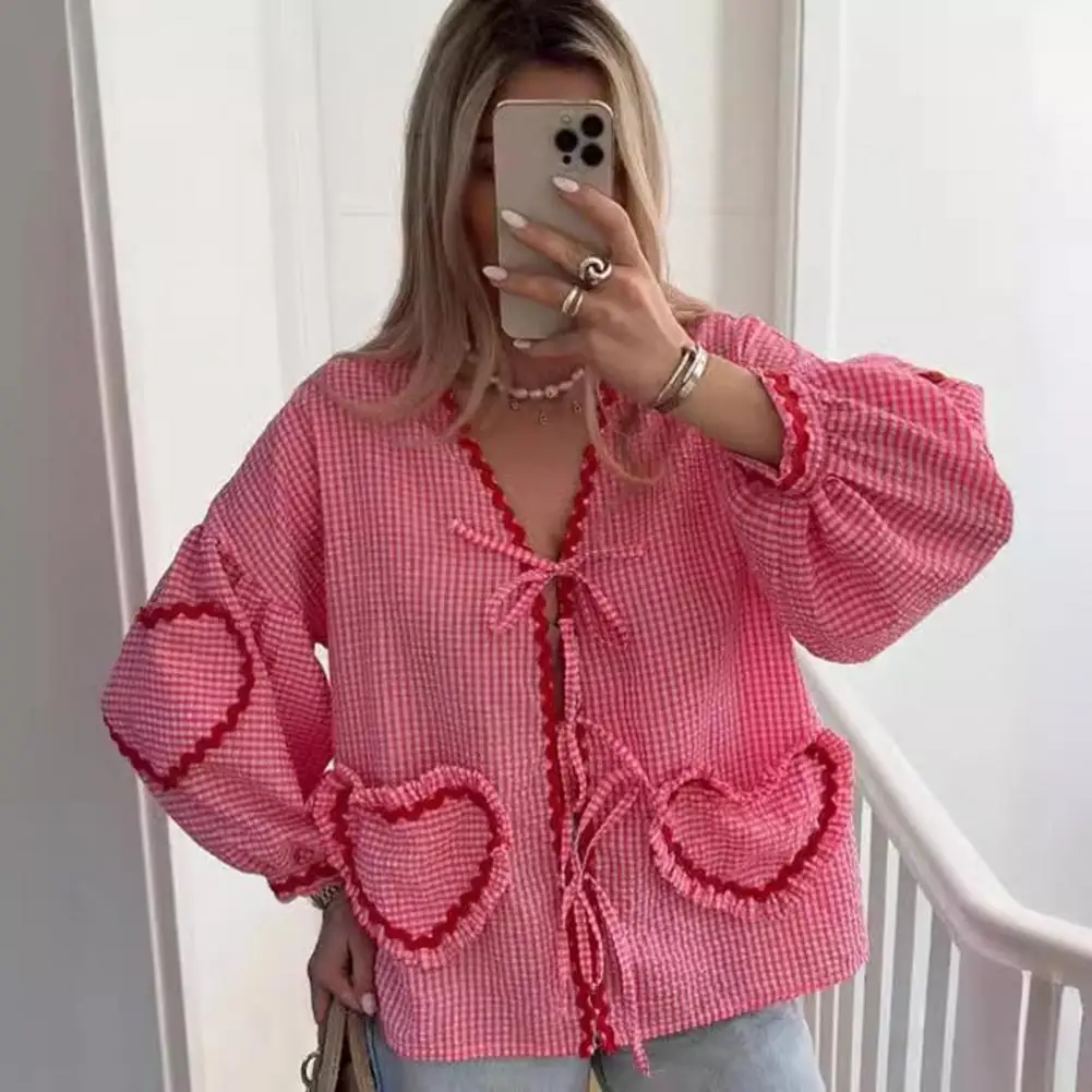 

Women Casual Sweet Shirt V-Neck Lantern Long Sleeve Top with Front Tie Plaid Print Heart Decor Loose Fit Shirt Tops Streetwear