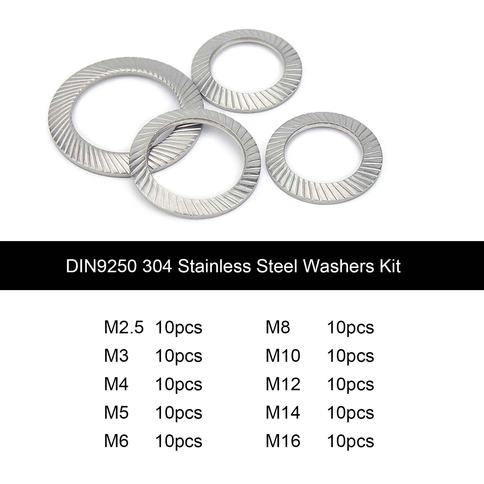 1 Satz M2,5 M3 M4 M5 – M16 DIN9250 304 Edelstahl gerändelte elastische Dichtung Scheibenfeder gezahnte Sicherungsscheibe Sortiment Kit Set