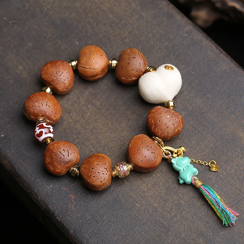 Natural peach stone carved heart bracelet, single-circle Buddha beads, ivory fruit, peach, Aquarius, dZi beads, turquoise, pony - view 2