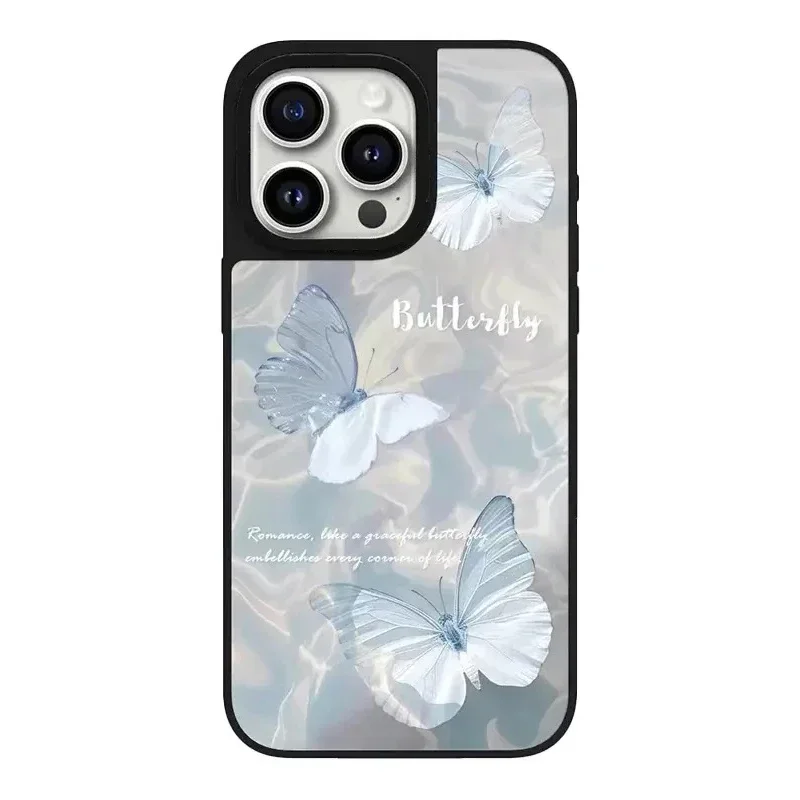 เคสโทรศัพท์แม่เหล็กกระจกผีเสื้อดอกไม้น่ารักสำหรับ iPhone 11 12 13 14 15 16 PRO MAX เคสสำหรับ iPhone 16 PRO MAX