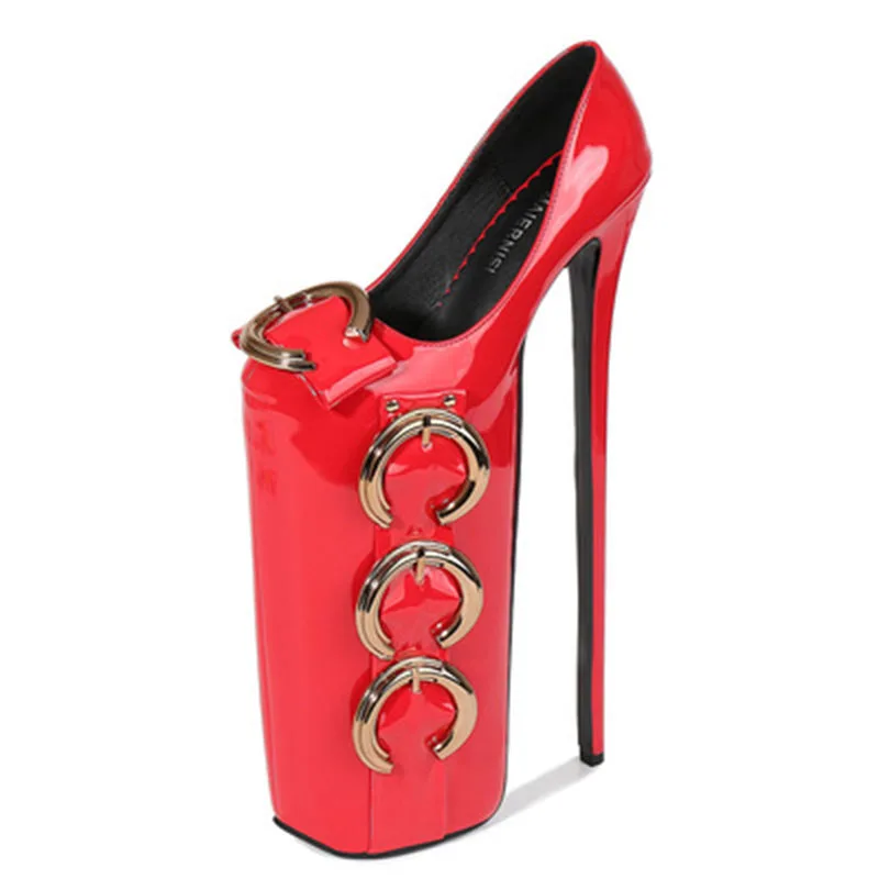 Metal buckle red tarp high-heeled shoes pole dancing nightclub lady's shoes party large women's fashion single shoes