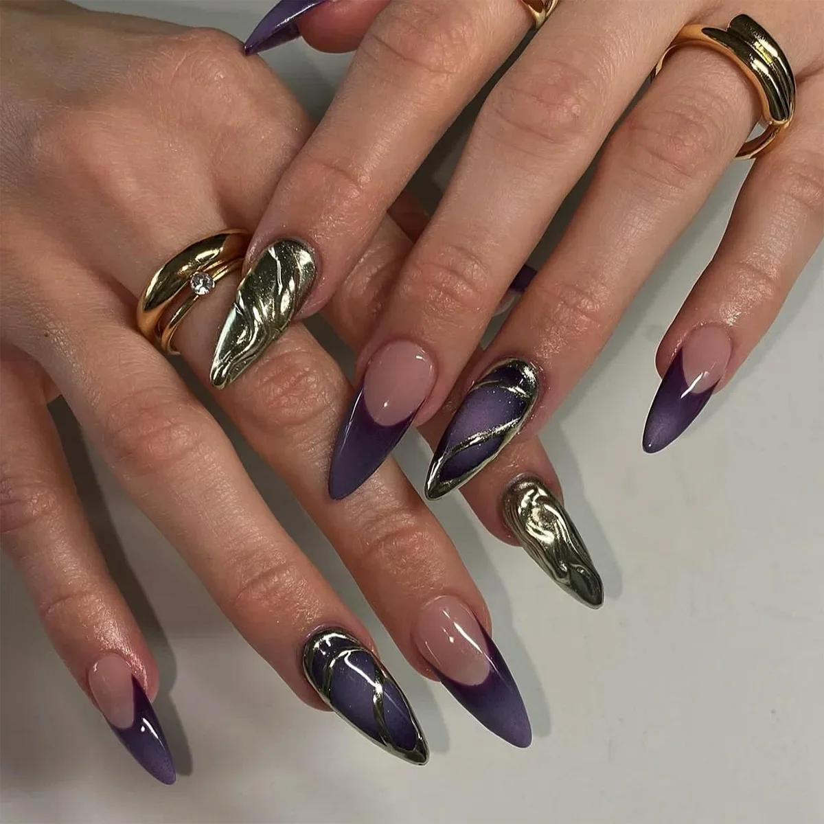 

24PCS Purple French False Nails with Glue Metallic Silver 3D Designs Almond Press on Nails Full Cover Sweet Cool Wearable Nails