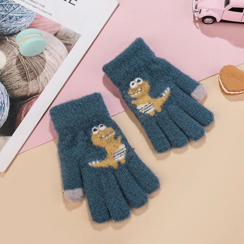 Winter Cartoon Dinosaur Five Finger Gloves for Boys Knitted Plush Primary School Girls Cute and Warm Children's Gloves