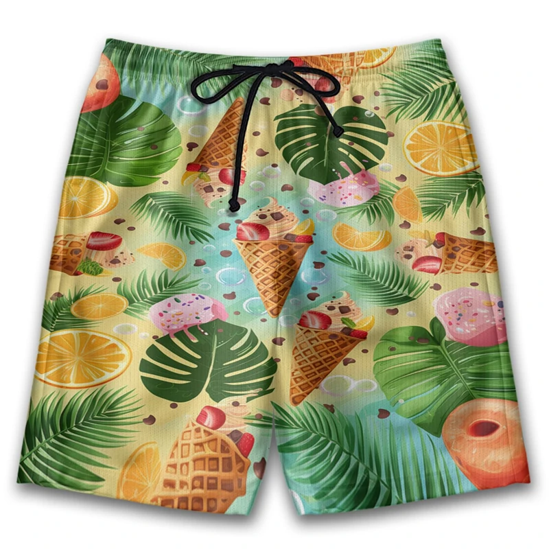 

Tropical Ice Cream Pattern Beach Shorts Men 3d Printed Dessert Surfing Board Shorts Summer Drawstring Quick Dry Swimming Trunks