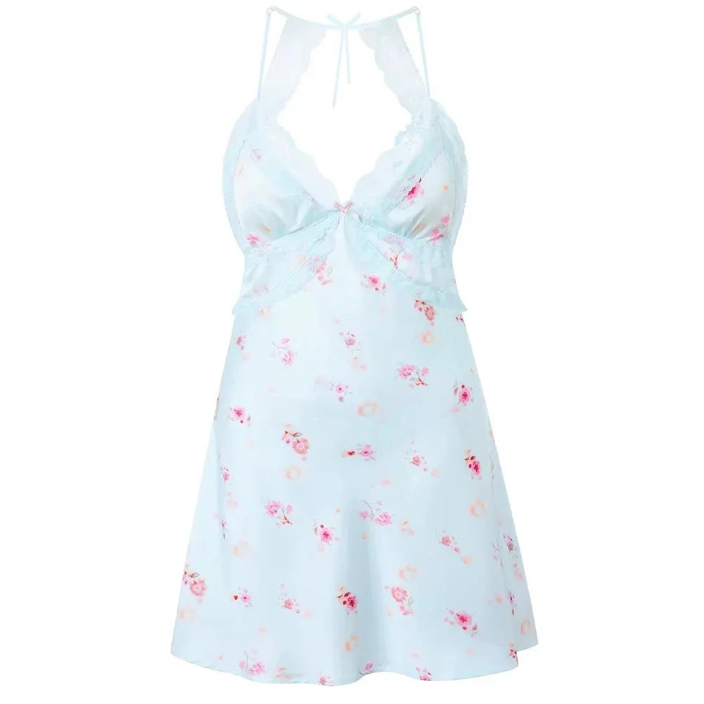 Sexy Lingerie Pajamas Women's Nightwear Hollowed-out High Quality French Lace Ice Silk Suspender Nightdress with Chest Pad  Women Sexy Lace Satin Pajama Set Factory Direct Wholesale, Affordable Bulk Price