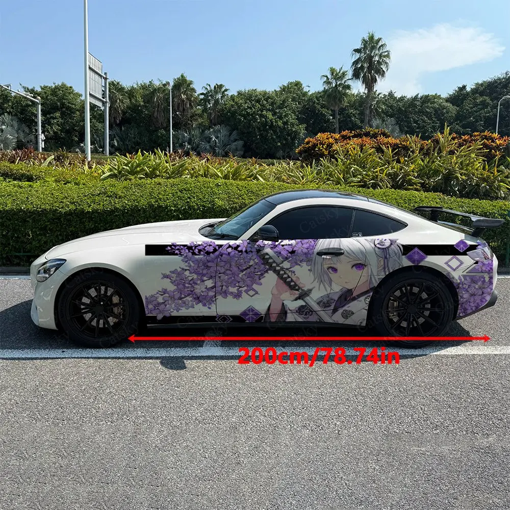 2pcs Purple Flower Samurai Girl Car Side Wraps, Self-Adhesive PVC Waterproof & Scratch-Resistant Stickers, Car Accessory Gift view 2
