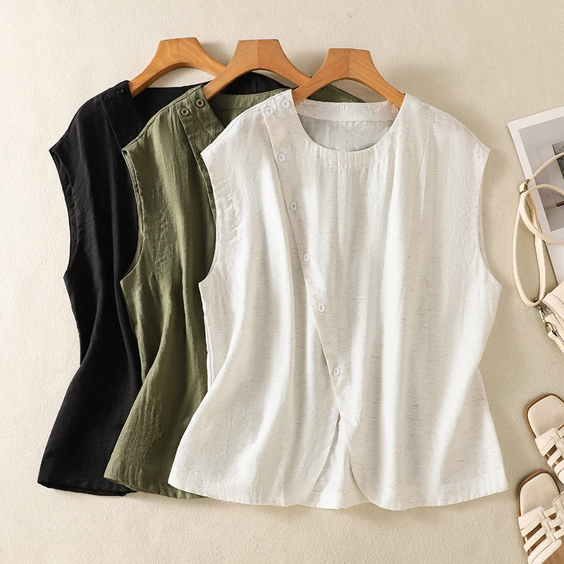

Casual Summer Women's Shirt round Neck Asymmetrical Loose Fit Breathable Linen Material Fly Sleeve No Brand Registered Trademark