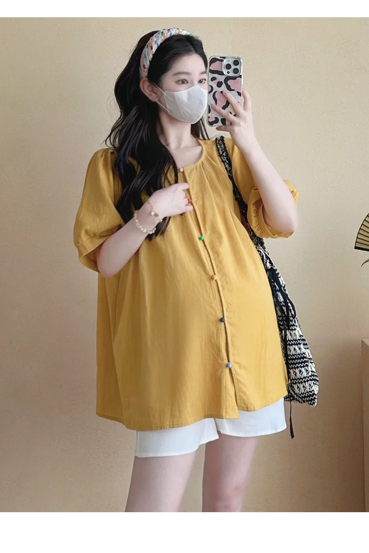 

Summer Pregnant Women Loose Shirt Bubble Sleeves O-Neck Button Fly Solid Color Maternity Blouses Plus Size Pregnant Woman Top