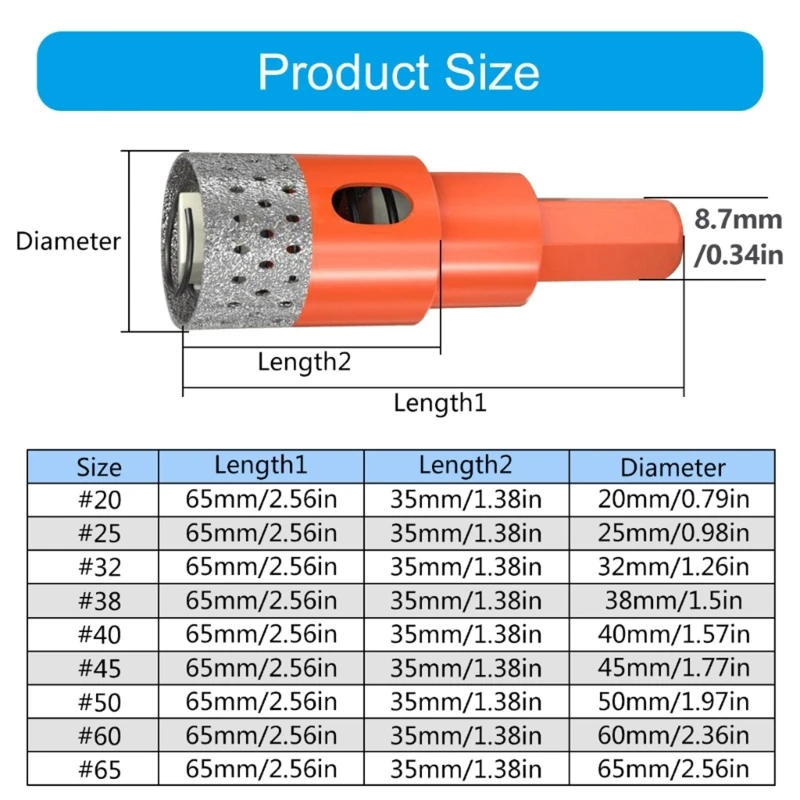 Brocas diamantes 20-65mm, brocas núcleo para porcelana, mármore, granitos cerâmicos, serra furo diamantes para broca