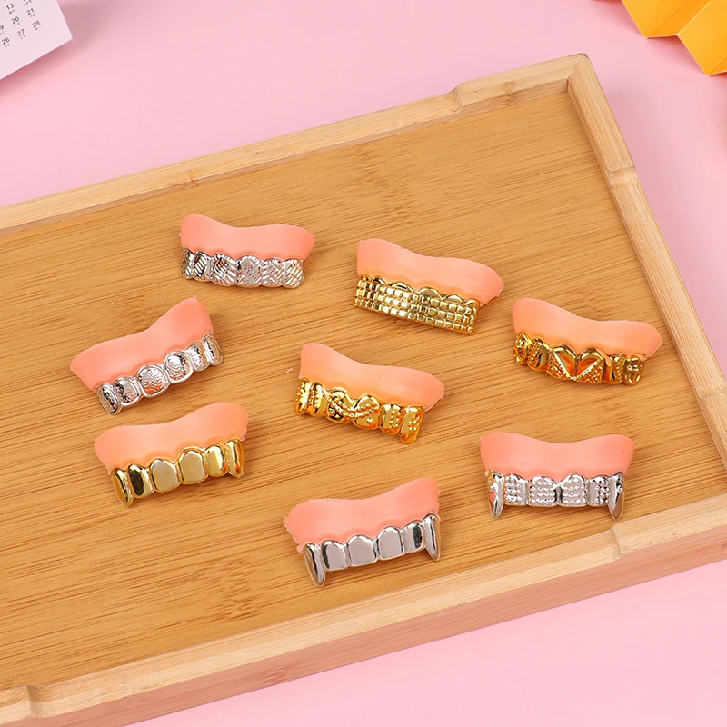 2 قطعة الأسنان الذهبية والفضية كاذبة مقلد غيبوبة الأسنان كاذبة مضحك خدعة الأقواس أزياء الهالوين مطلي #5