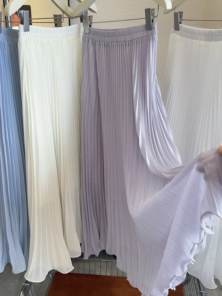 Sanfte Elegante Chiffon Plieated Röcke Für Frauen Sommer Neue Hohe Taille Lose Temperament Lange Röcke Einfache Casual Pendeln Rock